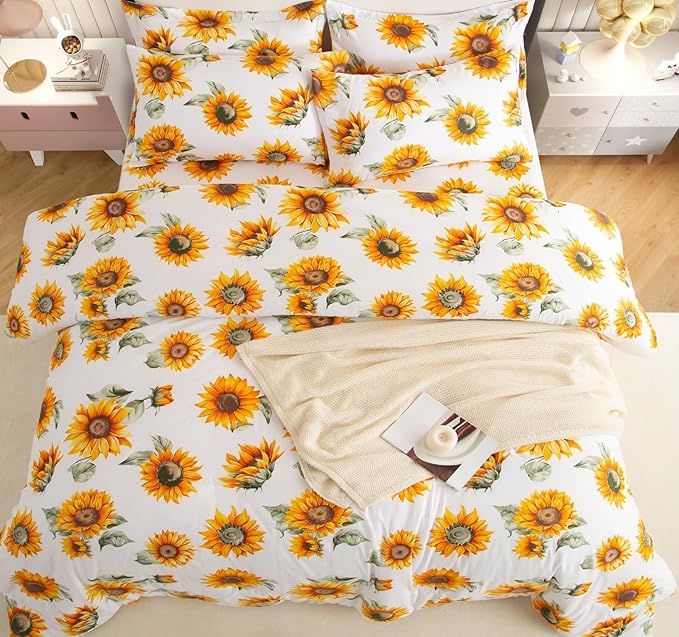 SDY 7PCS Sunflower Comforter Set Full Size Cute Printed Comforter Sets Bed in a Bag for Toddler,Girls Boys and Kids, with Comforter, Flat Sheet, Fitted Sheet and Pillowcases & Shams