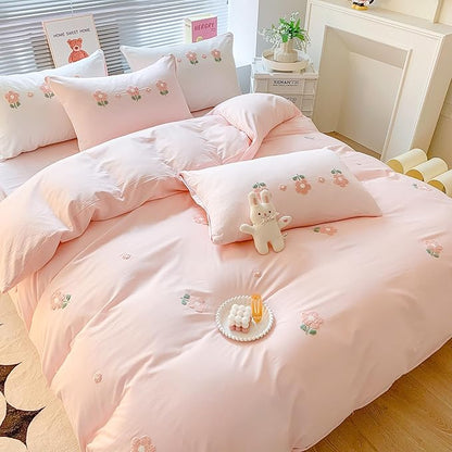 MorroMorn Twin Duvet Cover Cotton, 3D Embroidery Twin Bedding Sets Pink Bed Set, Fluffy Chenille Embroidered Comforter Covers Soft Sweat-Absorbing for Girls Kids Teen (Flowers Pink, Twin/Twin XL)