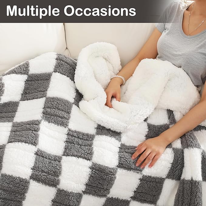 Electric Heated Blanket Full Size 72"×84" with 6 Heating Levels & 1-10Hs Auto Off, Checkered Plaid Heating Blanket Double Sided Sherpa, Fast Heating, Machine Washable for Christmas Gift Light Gray