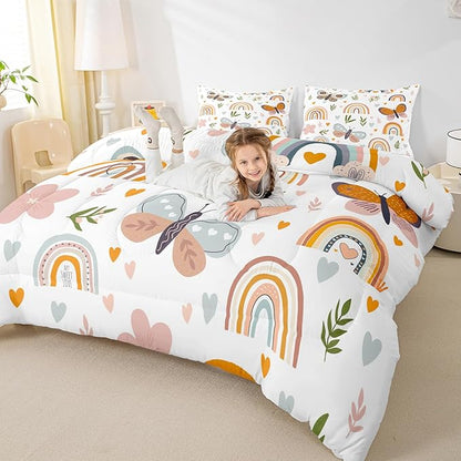 Boho Rainbow Comforter Set Full Size Cute Butterfly Bedding Set 3Pcs for Kids Girls Boys Adult Room Decor Cartoon Love Heart Palm Leaves Quilt Set Animals Botanical Duvet Insert,2 Pillowcase