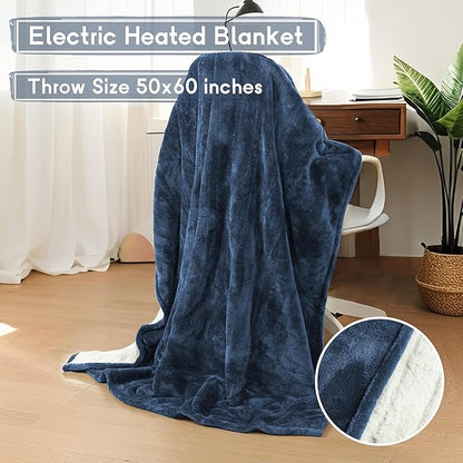 Heated Blanket Electric Throw 50''x60'', 3 Hour Auto Shut-Off 5 Heating Levels Small Warm Soft Flannel Electric Blanket Machine Washable - Navy Blue