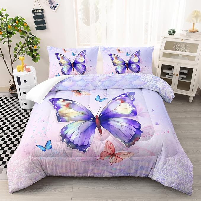 Mandala Butterfly Comforter Set Full Size for Girls Kids Adults Mermaid Scales Pattern Bedding Set Aesthetics Butterflies Quilt Bed Set with 1 Comforter and 2 Pillowcases