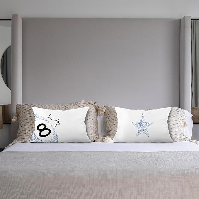 Chinoiserie Trendy Lucky 8 Ball Star Pillow Covers 12x20 Set of 2, Grandmillennial Blue and White Floral Ball Star Decorative Lumbar Pillow Covers for Home Bedroom Living Room