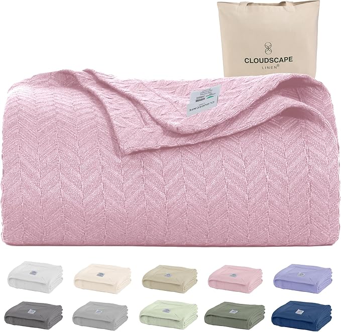 Cloud Scape Linen Herringbone Cotton Twin Blanket for Couch, Bed,Sofa, Home Decor, Soft, Weighted, All-Season, Winter Bed Blanket, Best Gift Idea, 68 x92, Seashell Pink