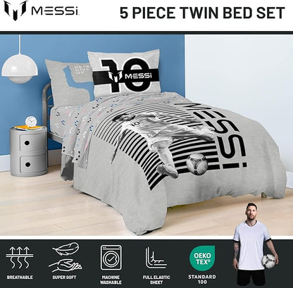 Jay Franco Kids Comforter Set Includes Sheets and Pillow Cover - Soft and Cozy Bed Set for Stylish Room Décor, Grey - Lionel Messi, 5 Piece Twin