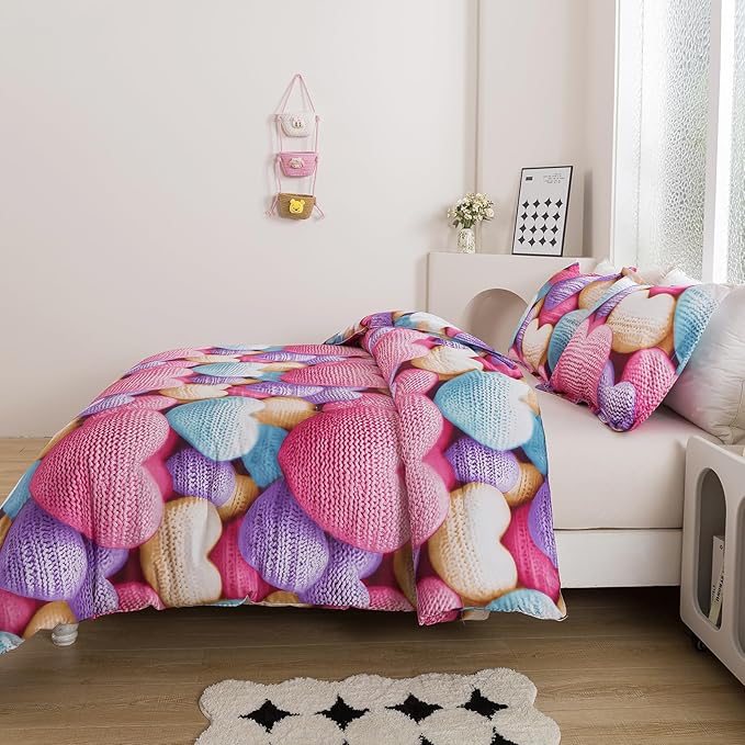 Caressma Heart Print Comforter Set Queen Size, Stereoscopic 5D Lovely Teens Romantic Comforter for Girls and Boys, Colorful Cute Heart Pattern Bedding Comforter Set for All Seasons with Pillowshams