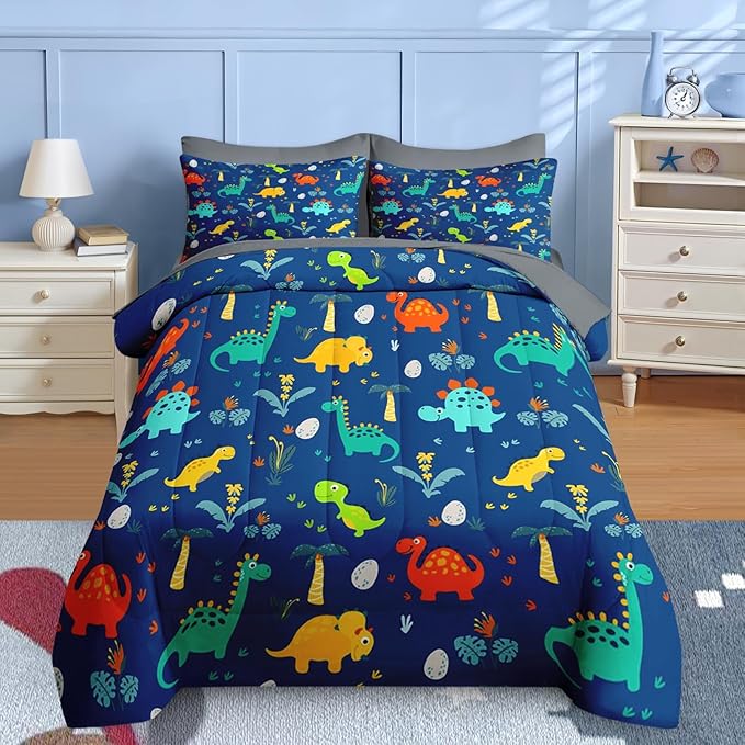Nesker Comforter Set Full Size, Blue Dino 7 Pcs Bedding for Kids Teens, Dinosaur with Fitted Sheet 2 Pillowcases & 2 Shams for Bedroom Bed Decor