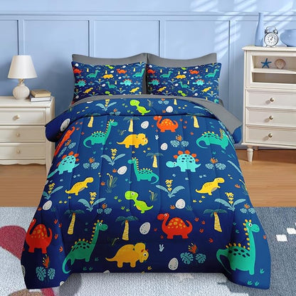 Nesker Comforter Set Full Size, Blue Dino 7 Pcs Bedding for Kids Teens, Dinosaur with Fitted Sheet 2 Pillowcases & 2 Shams for Bedroom Bed Decor