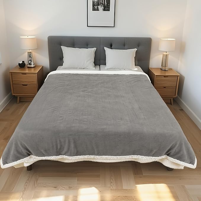 Electric Heated Blanket Twin Size 62"x84" - Dual-Sided with Microplush & Sherpa Fabric, 4 Heat Settings & 10 Hours Auto Off, Machine Washable - Light Gray