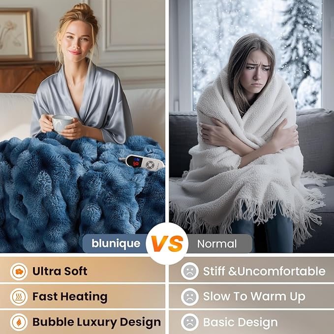 Electric Heated Blanket for Girls & Women, Soft & Luxurious, Faux Rabbit Fur Heating Throw Blankets, 6 Heat Settings, Overheat Protection, Quick Heating, Memory Function, Gift-Ready Design, 50"x60"
