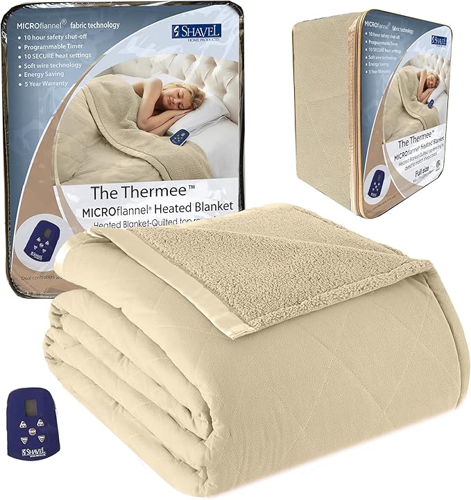 Thermee Micro Flannel Heated Blanket With Sherpa Back, 10-Setting Electric Full Size, Programmable, Ultra-Soft Throw, Fast Heating Thermal - Tan