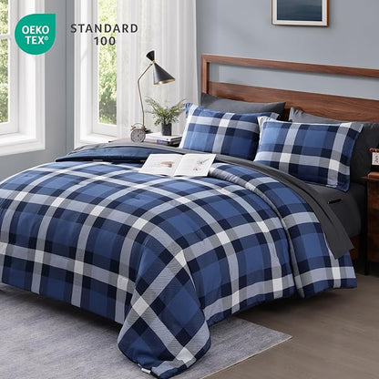 MaiRêve Queen Size Plaid Comforter Set Indigo Blue, Classic Checkered 7 Pieces Farmhouse Bedding Set, All Season Lightweight Bed in A Bag with Sheets, Pillowcases & Shams