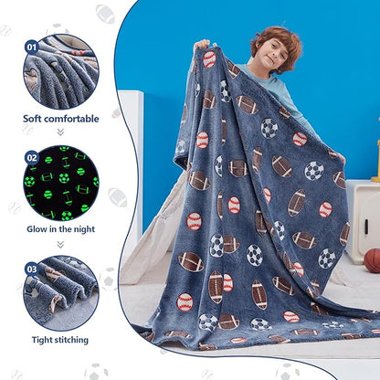 QSTEHEML Soccer Glow in The Dark Blanket,Football Gifts Toys for Kids Boys Age 3-12 Years Old,Birthday, for Toddler, Teen, Son, Soft Luminous Throw Blanket 50"×60"