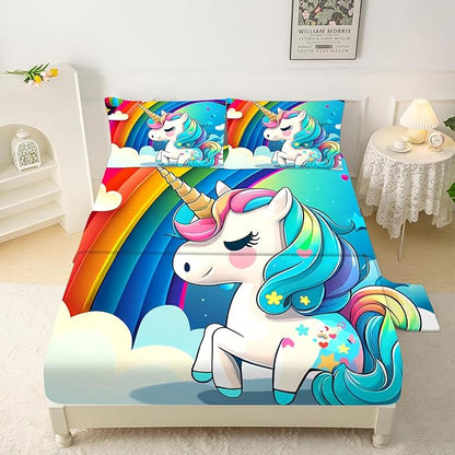 Unicorn Fitted Sheet Set, Rainbow Unicorn Bedding Sets Queen Size for Girls Kids Children Boys Teens Cartoon Sheets Bedspread Set,1 Flat Sheet 1 Fitted Sheet 2 Pillowcases