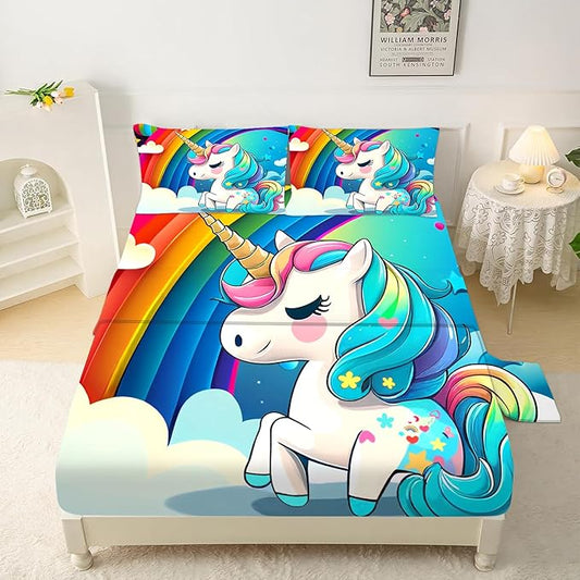 Unicorn Fitted Sheet Set, Rainbow Unicorn Bedding Sets Queen Size for Girls Kids Children Boys Teens Cartoon Sheets Bedspread Set,1 Flat Sheet 1 Fitted Sheet 2 Pillowcases