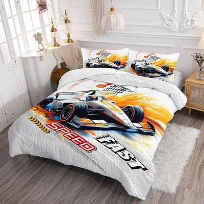 Racing Car Comforter Set Extreme Sports Printed Bedding Set with 1 Comforter and 2 Pillowcases for Boys and Girls Bedroom All Season(Car Full)