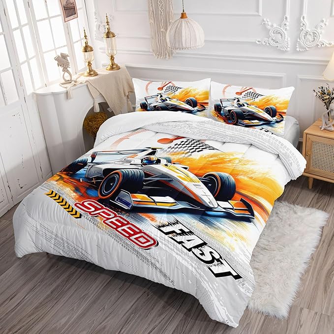 Racing Car Comforter Set Extreme Sports Printed Bedding Set with 1 Comforter and 2 Pillowcases for Boys and Girls Bedroom All Season(Car Queen)