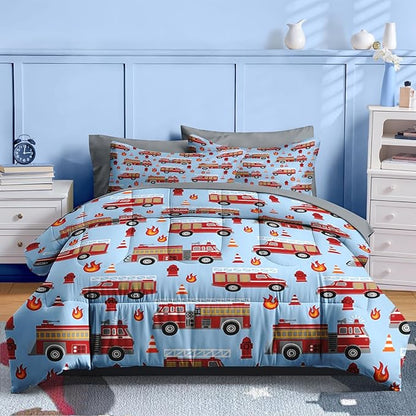 Nesker 7 Pcs Comforter Set Full Size, Red Fire Engine Bedding for Kids Teen, Fire-Fighting Trucks Vehicle with Fitted Sheet 2 Pillowcases & 2 Shams for Bedroom Bed Decor