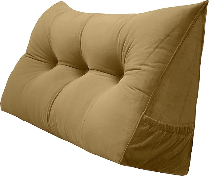 Triangular Reading Bed Rest Pillow Large Bolster Cushion Headboard Backrest Wedge Pillow with Removable Cover and Two Large Side Pockets (Golden Brown, 47 x 8 x 20 inches)
