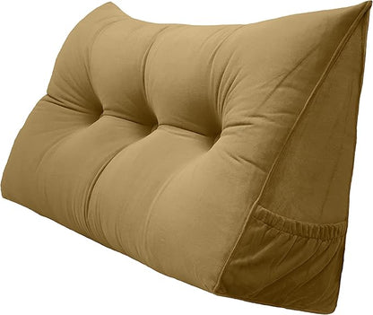 Triangular Reading Bed Rest Pillow Large Bolster Cushion Headboard Backrest Wedge Pillow with Removable Cover and Two Large Side Pockets (Golden Brown, 47 x 8 x 20 inches)