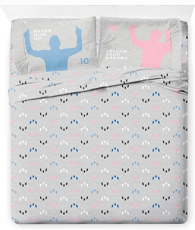 Jay Franco Kids Comforter Set Includes Sheets and Pillow Cover - Soft and Cozy Bed Set for Stylish Room Décor, Grey - Lionel Messi, 7 Piece Queen