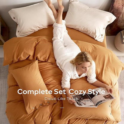 JELLYMONI 100% Washed Cotton Duvet Cover King – Soft, Breathable Linen-Look Bedding with Natural Wrinkle Texture, Button Closure, 3-Piece Set (Amber Orange, 104"x90")