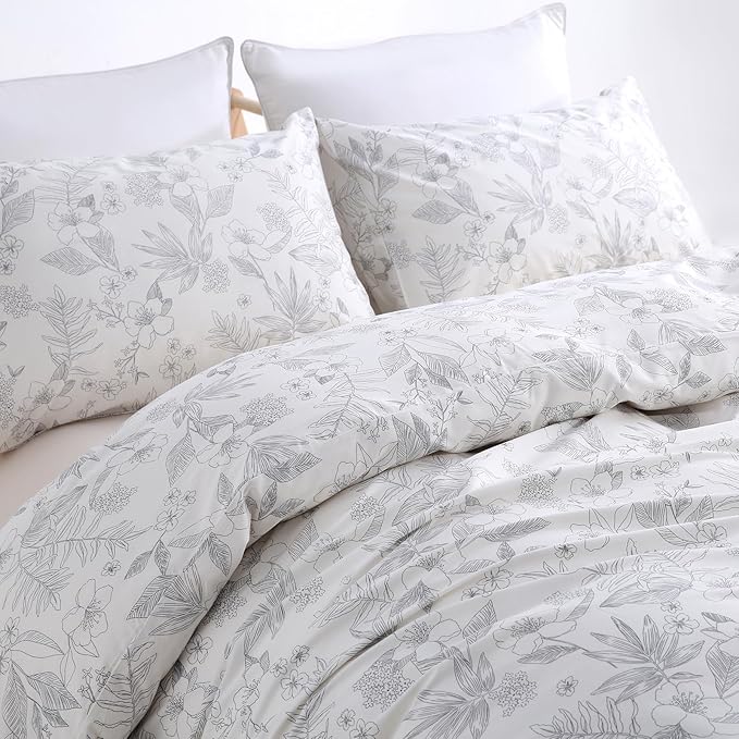 100% Cotton Floral Duvet Cover Set Queen Size Ultra Soft Breathable Grey Floral and Leaf Comforter Cover Set 3 Pcs All Season Cozy Floral Bed Cover with Zipper Closure