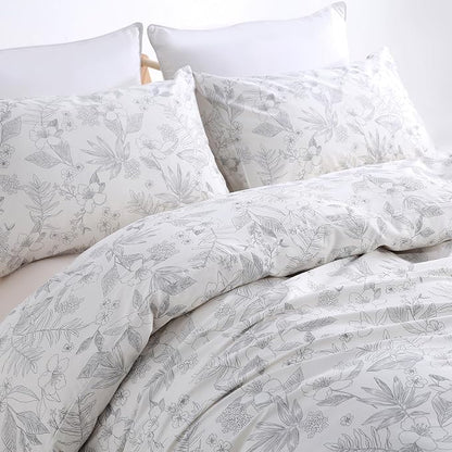 100% Cotton Floral Duvet Cover Set Queen Size Ultra Soft Breathable Grey Floral and Leaf Comforter Cover Set 3 Pcs All Season Cozy Floral Bed Cover with Zipper Closure