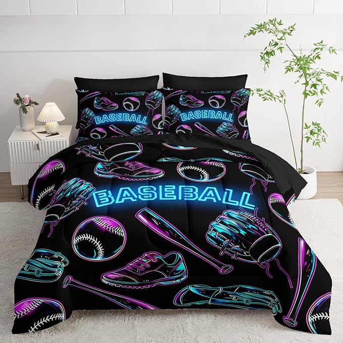 Baseball Sports Comforter Set 7Pcs Sneaker Baseball Bat Gloves Bedding Set for Kid Teen Girl Boy Adult Sports Games Shoes Quilt Bed Decor Full with 2 Sheets,2 Pillowcases,2 Throw Pillow Covers