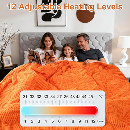 Heated Blanket King, Electric Heating Blanket Waffle with 12 Heat Levels, Fast Heating Blanket with 1-12 Timer, Overheat Protection with ETL & FCC for Bed Home Office Sofa -Orange -90"x100"