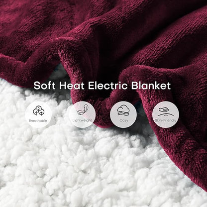 50"x60" Heated Electric Blanket Throw Thickened Flannel and Sherpa Heated Blanket,3 Hours Timer Auto-Off & 5 Heating Levels,for Bedroom Office Couch-WineRed