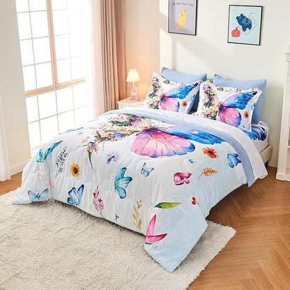 7 Piece Butterfly Comforter Set Queen Size 3D Colorful Floral Butterflies Bedding Set for Kids Girls Women for Birthday