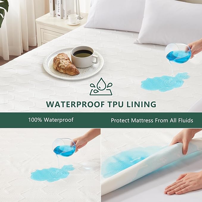 Queen Size Waterproof Mattress Protector, 40% Rayon Derived from Bamboo Cooling Mattress Pad Cover, 3D Air Fabric Breathable Mattress Pad Fitted with Deep Pocket 6"- 15" Machine Washable