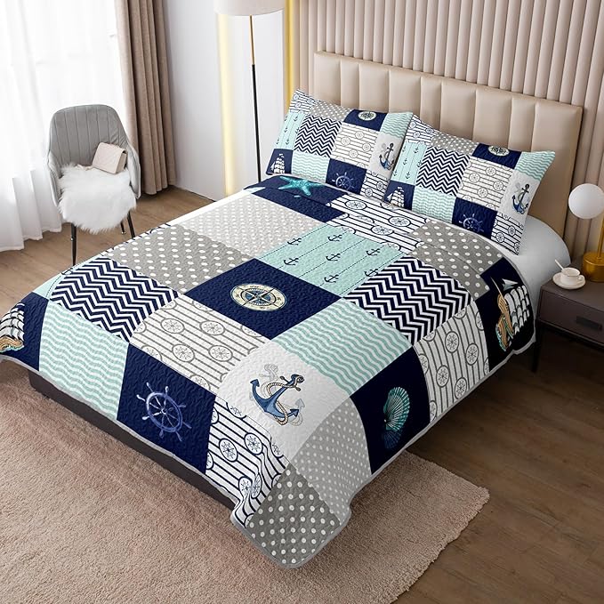 HOSIMA Nautical King Size Quilt,Plaid Patchwork Ocean Themed Bedding Sailboat and Anchor Print Coastal Bedding for Bedroom Nautical Decor,Navy Blue with 2 Pillowcases.