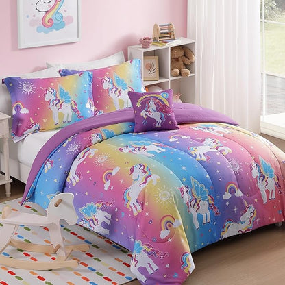 Twin Comforter Set for Girls-3 Pieces Rainbow Unicorn Twin Bedding Sets for Kids,1 Comforter,1 Sham and 1 Decor Pillow