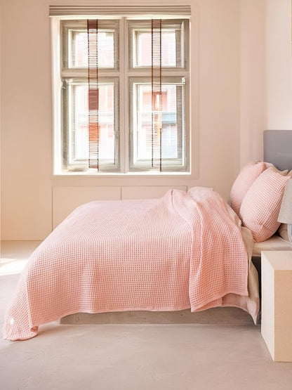 Premium Waffle Blanket California King Size Pink - 100% Turkish Cotton, Light and Airy Waffle Weave All-Season Quilt - Luxury Decorative Bedspread (Pink Powder, 95" x 126" Inch)