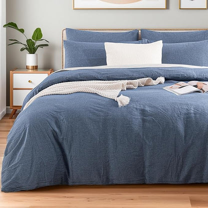 NEXHOME PRO Duvet Cover Queen 100% Washed Cotton, Organic Natural Linen Like Textured, Breathable, Durable, Home Bedding Set, Heathered Blue 9090