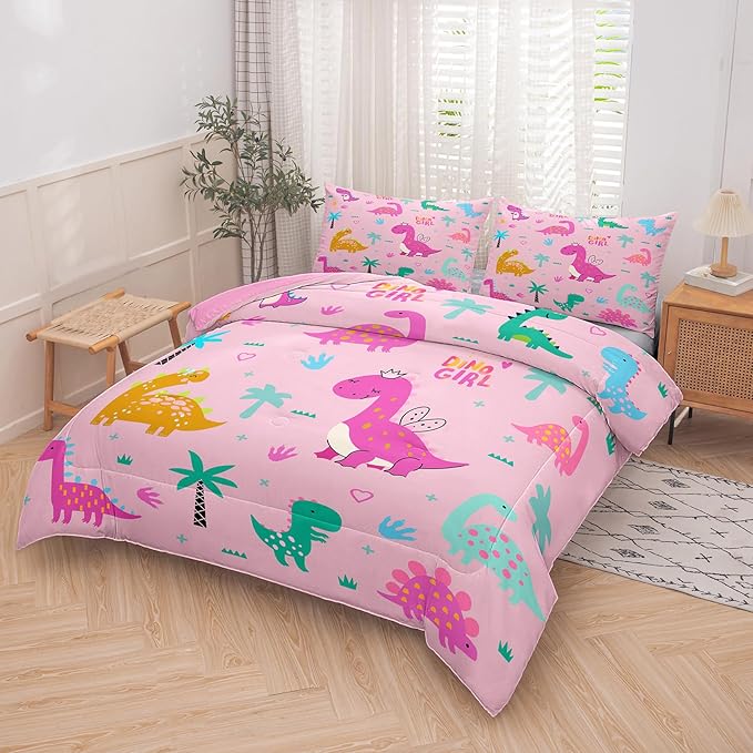 Peopleareok Cartoon Dinosaur Comforter Set Full (79x90 Inch) for Boys, 3 Pieces Dinosaur Bedding Set for Girls Teens, Super Soft Lightweight for All Seasons, Includes 1 Comforter and 2 Pillowcase