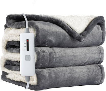 Electric Heated Blanket Throw 50"x60", Soft Flannel Sherpa Heating Throw with 4 Heat Settings, 3-Hour Auto Shut-Off Timer, Grey