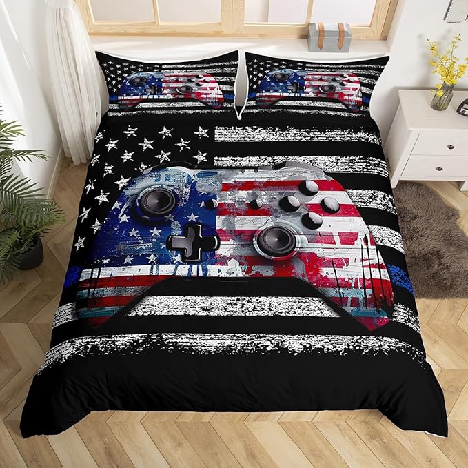 Boys Teens Gamer Duvet Cover Set Queen Size, Reversible American Flag Gamepad Print Video Games Theme Comforter Cover Game Room Decor, American Culture Bedding Sets with 2 Pillowcases, Black