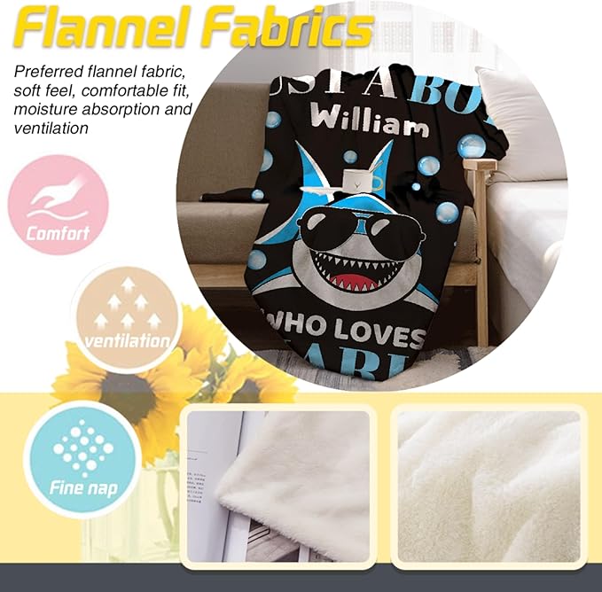 Custom Just A Boy Who Loves Sharks Blankets Gifts for Kids Adult On Bed Sofa,Personalized Premium Flannel Blankets for Birthday Christmas Thanksgiving All Season Use 50''x 60'' -M