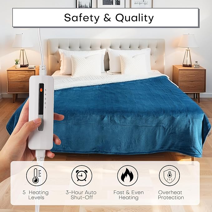 Electric Heated Blanket Throw Size 50"x60", 5 Heat Settings- 3H Auto Shut Off Flannel Material&Sheepskin Fabric, Machine Washable, Lake Blue&White