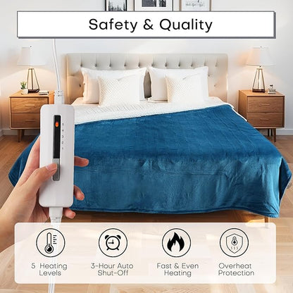 Electric Heated Blanket Throw Size 50"x60", 5 Heat Settings- 3H Auto Shut Off Flannel Material&Sheepskin Fabric, Machine Washable, Lake Blue&White