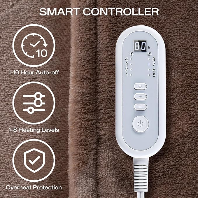 Heated Blanket Twin Size, Electric Blanket with 1-10 hrs Timer Auto-Off & 8 Heating Levels, Double-Layer Flannel Heating Blanket with ETL Certification, Machine Washable (62”x 84”, Brown)