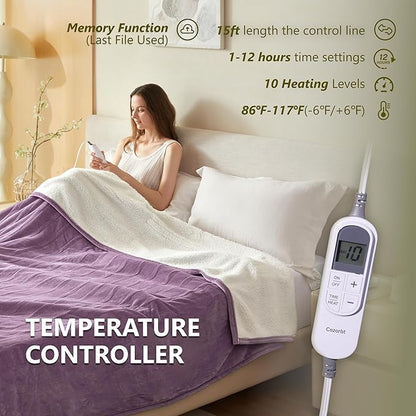 Heat Blanket 62”x84” Twin Size,Soft Flannel & Sherpa Reversible Electric Blanket with 10 Heat Settings,12 Timer Setting and 8 Hours Auto-Shut Off,ETL Certified Machine Washable,Purple