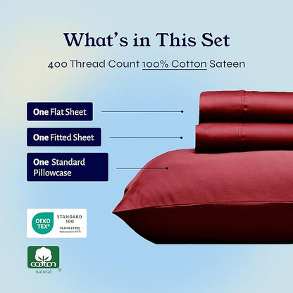 California Design Den Twin Sheets Set - Soft 400 Thread Count Sateen, Natural 100% Cotton Sheets with Deep Pockets, and Durable Bedding Set - Bright True Red