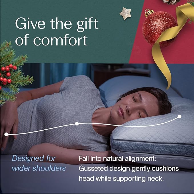 DreamyBlue Gusseted Sapphire Pillow • Adjustable Loft, Luxury Cover, Shredded Memory Foam Fill w/Cooling Beads • Ideal for Wide Shoulders • Neutral Alignment for All • CertiPUR-US Certified (Queen)