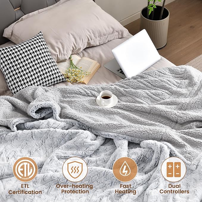 Bearhug Electric Blanket King Size 100" x 90" Dual Controllers Heated Blanket, 10 Heat Settings, 1-12 Hour Auto Shut-Off, Faux Fur & Sherpa Dual-Sided, Machine Washable, Gift-Ready Elegant Packaging