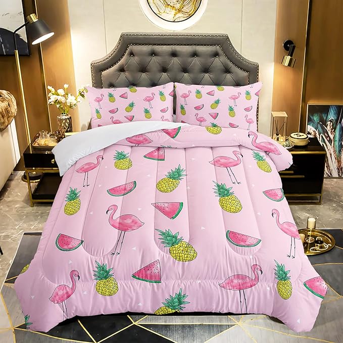 Flamingo Watermelon Comforter Set Full Size Tropical Flamingo Pineapple Bedding Set Cool Summer Quilted Duvet for Kids Girls Boys Adult with 1 Comforter and 2 Pillowcases