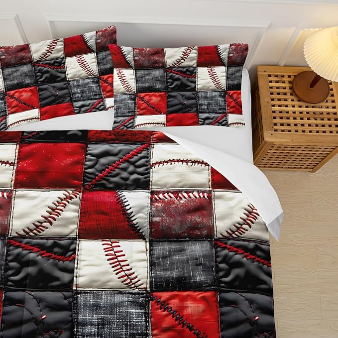 Red and Black Plaid Comforter Set Full，Baseball Bedding Set Full Red and Black，Sport Quilt for Boys，with 1 Comforter with 2 Pillow Case